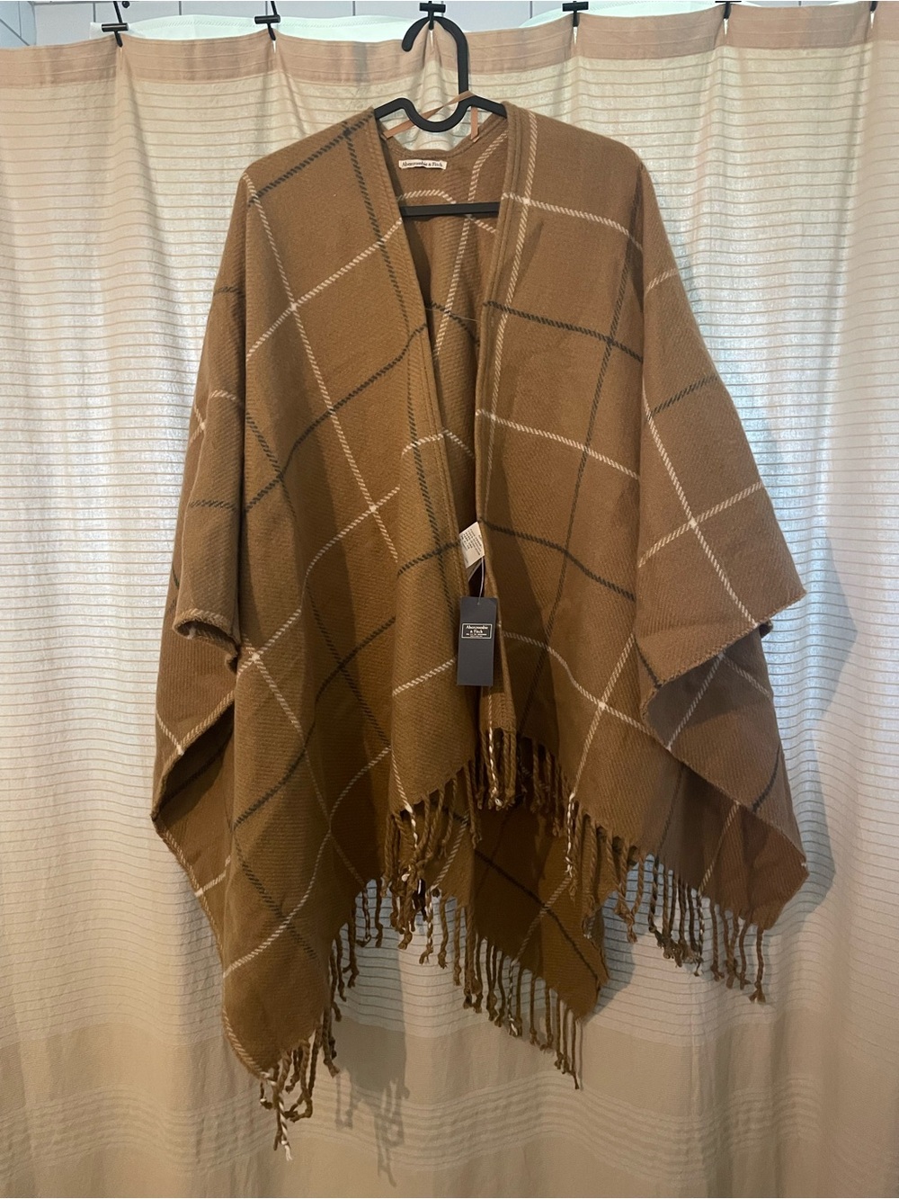 Abercrombie & Fitch Tan Plaid Open Cardigan with Fringe Detail